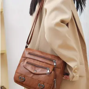 ⁦Heart Decor Crossbody Bag, Vintage Multi Pockets Shoulder Bag, Women's Artificial Leather Purse⁩ - الصورة ⁦8⁩