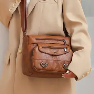 ⁦Heart Decor Crossbody Bag, Vintage Multi Pockets Shoulder Bag, Women's Artificial Leather Purse⁩ - الصورة ⁦2⁩