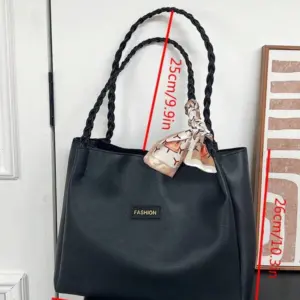 ⁦Letter Patch Shoulder Tote Bag Black Twilly Scarf Decor Double Handle For Work⁩ - الصورة ⁦2⁩