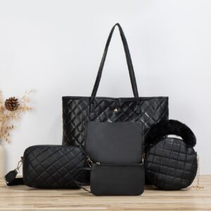 ⁦4pcs/set Black Stitched Shoulder Tote Bag, Camera Bag, Wristlet, Card Holder For Women's Daily & Travel Use⁩ - الصورة ⁦3⁩