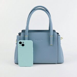 ⁦Letter Embossed Square Bag PU Blue Double Handle Fashionable⁩ - الصورة ⁦5⁩