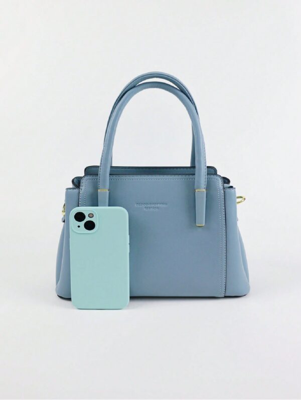⁦Letter Embossed Square Bag PU Blue Double Handle Fashionable⁩ - الصورة ⁦5⁩
