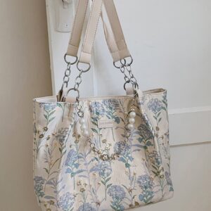 ⁦Small Shoulder Tote Bag Floral Pattern Pearl & Chain Decor⁩ - الصورة ⁦3⁩