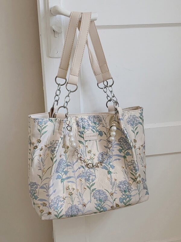 ⁦Small Shoulder Tote Bag Floral Pattern Pearl & Chain Decor⁩ - الصورة ⁦3⁩