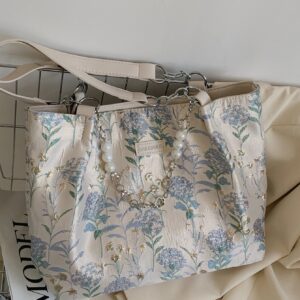 ⁦Small Shoulder Tote Bag Floral Pattern Pearl & Chain Decor⁩ - الصورة ⁦4⁩