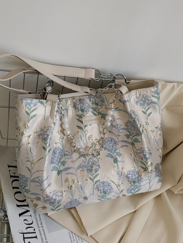 ⁦Small Shoulder Tote Bag Floral Pattern Pearl & Chain Decor⁩ - الصورة ⁦4⁩