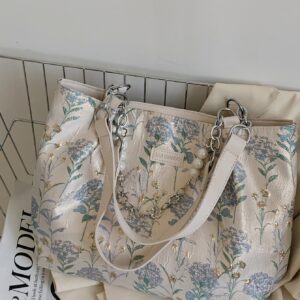 ⁦Small Shoulder Tote Bag Floral Pattern Pearl & Chain Decor⁩ - الصورة ⁦5⁩