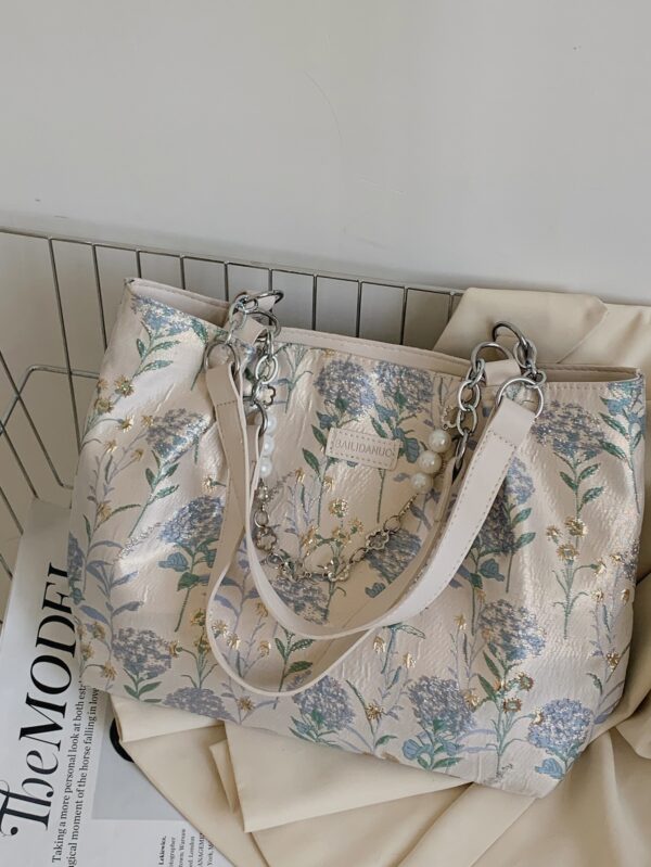 ⁦Small Shoulder Tote Bag Floral Pattern Pearl & Chain Decor⁩ - الصورة ⁦5⁩