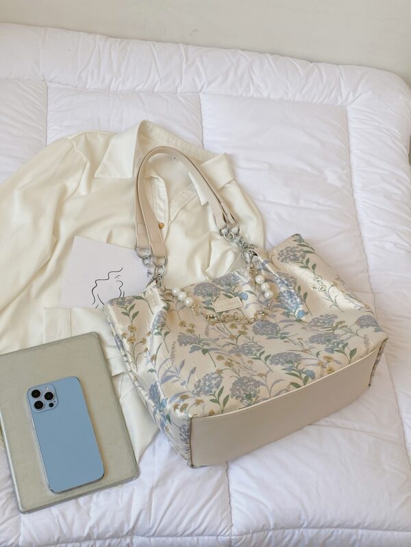 ⁦Small Shoulder Tote Bag Floral Pattern Pearl & Chain Decor⁩ - الصورة ⁦6⁩