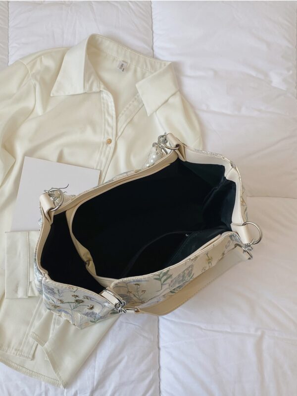 ⁦Small Shoulder Tote Bag Floral Pattern Pearl & Chain Decor⁩ - الصورة ⁦7⁩