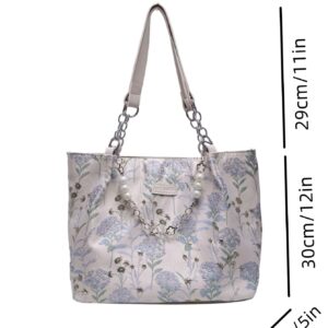 ⁦Small Shoulder Tote Bag Floral Pattern Pearl & Chain Decor⁩ - الصورة ⁦2⁩