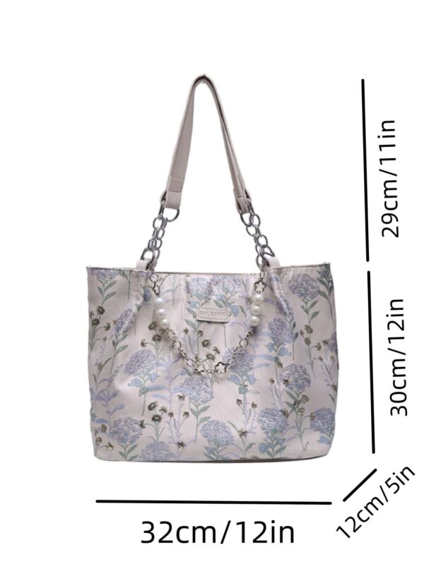 ⁦Small Shoulder Tote Bag Floral Pattern Pearl & Chain Decor⁩ - الصورة ⁦2⁩