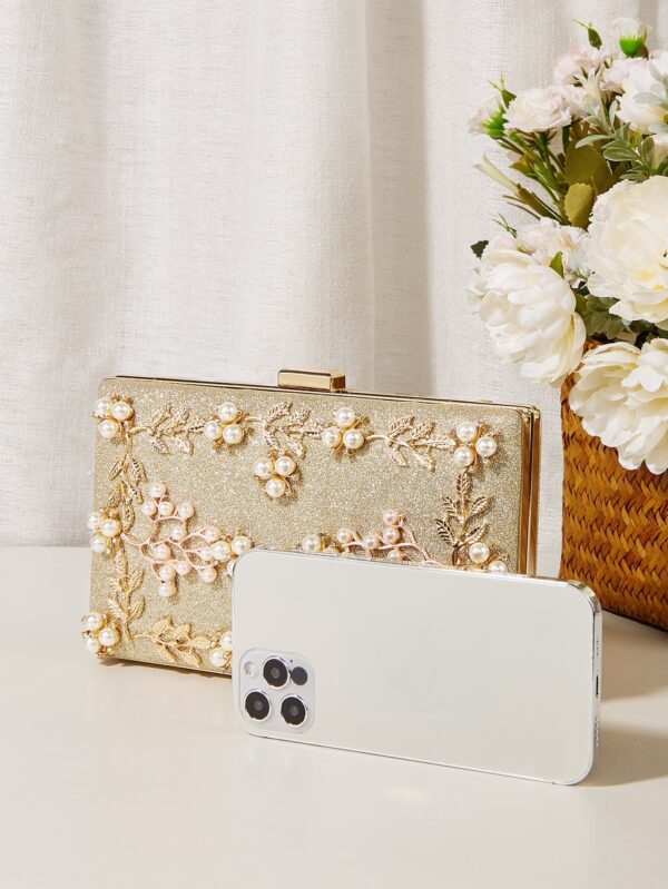 ⁦Womens Glitter Chain Evening Bag, Elegant Clutch Bag For Party, Shoulder Bag With Pearl Flower⁩ - الصورة ⁦3⁩