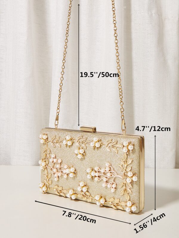 ⁦Womens Glitter Chain Evening Bag, Elegant Clutch Bag For Party, Shoulder Bag With Pearl Flower⁩ - الصورة ⁦4⁩