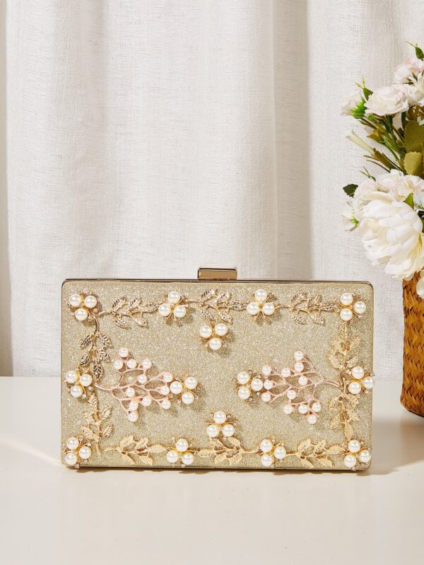 ⁦Womens Glitter Chain Evening Bag, Elegant Clutch Bag For Party, Shoulder Bag With Pearl Flower⁩ - الصورة ⁦5⁩
