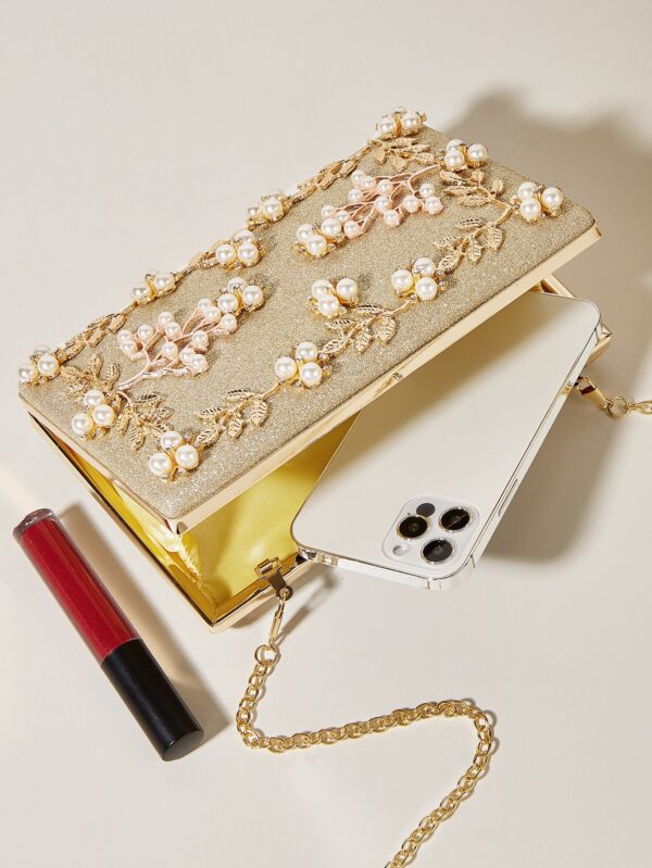 ⁦Womens Glitter Chain Evening Bag, Elegant Clutch Bag For Party, Shoulder Bag With Pearl Flower⁩ - الصورة ⁦6⁩
